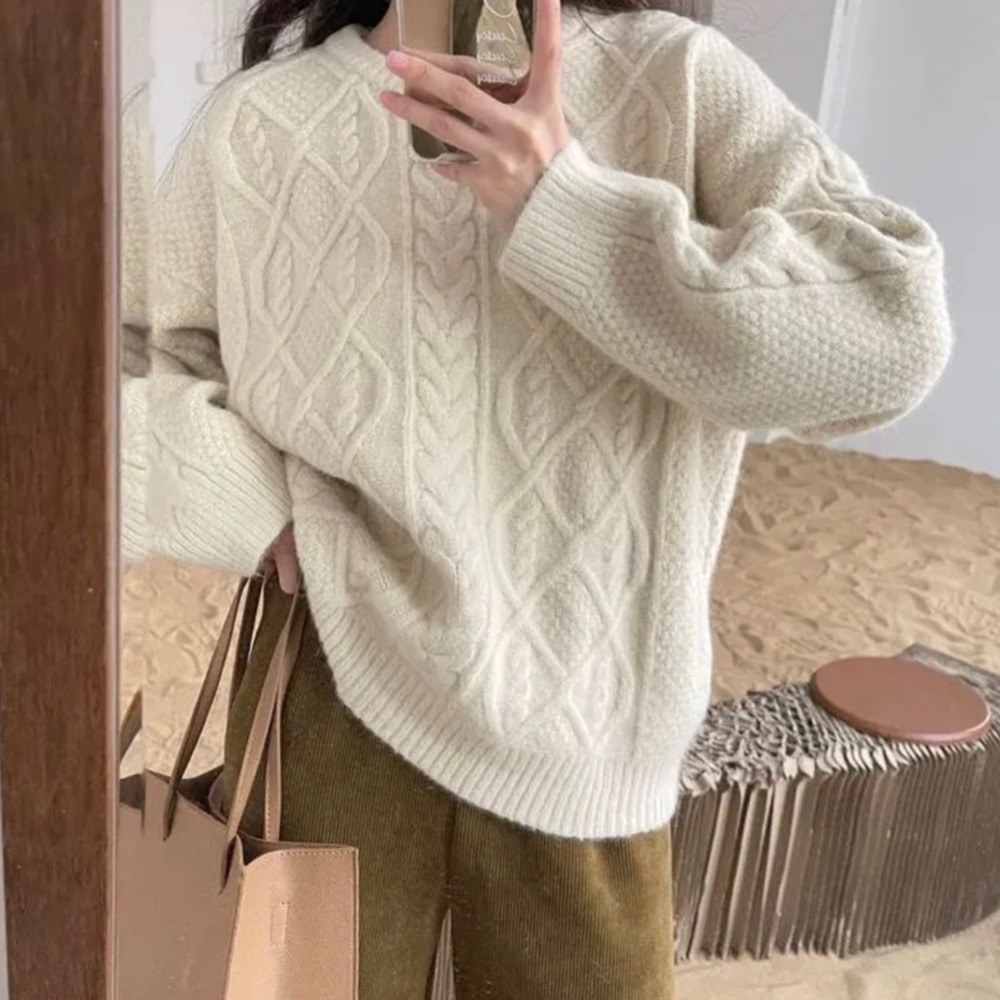 White Cable Knit Crew Sweater